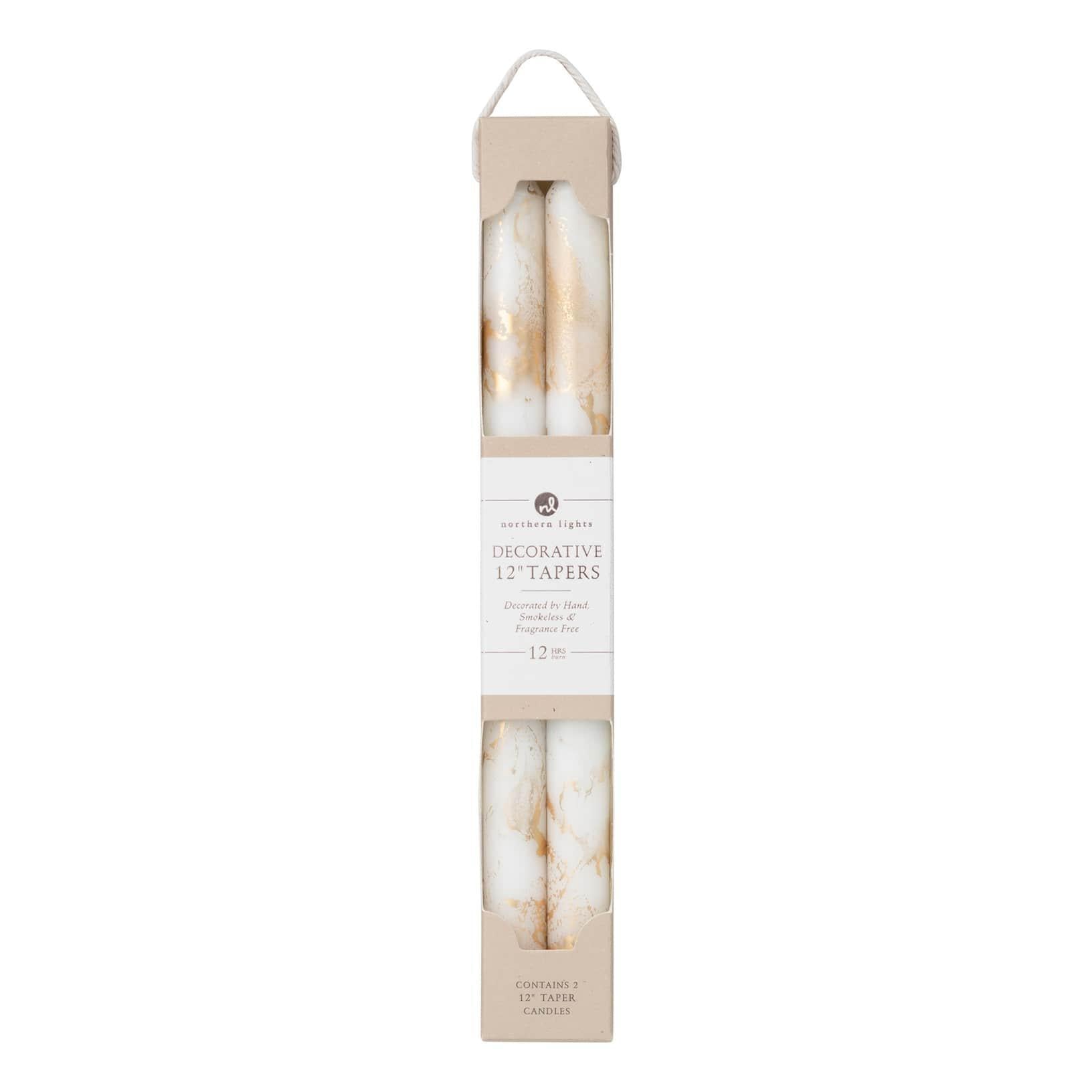 Decorative 12" Taper Candles | White & Gold